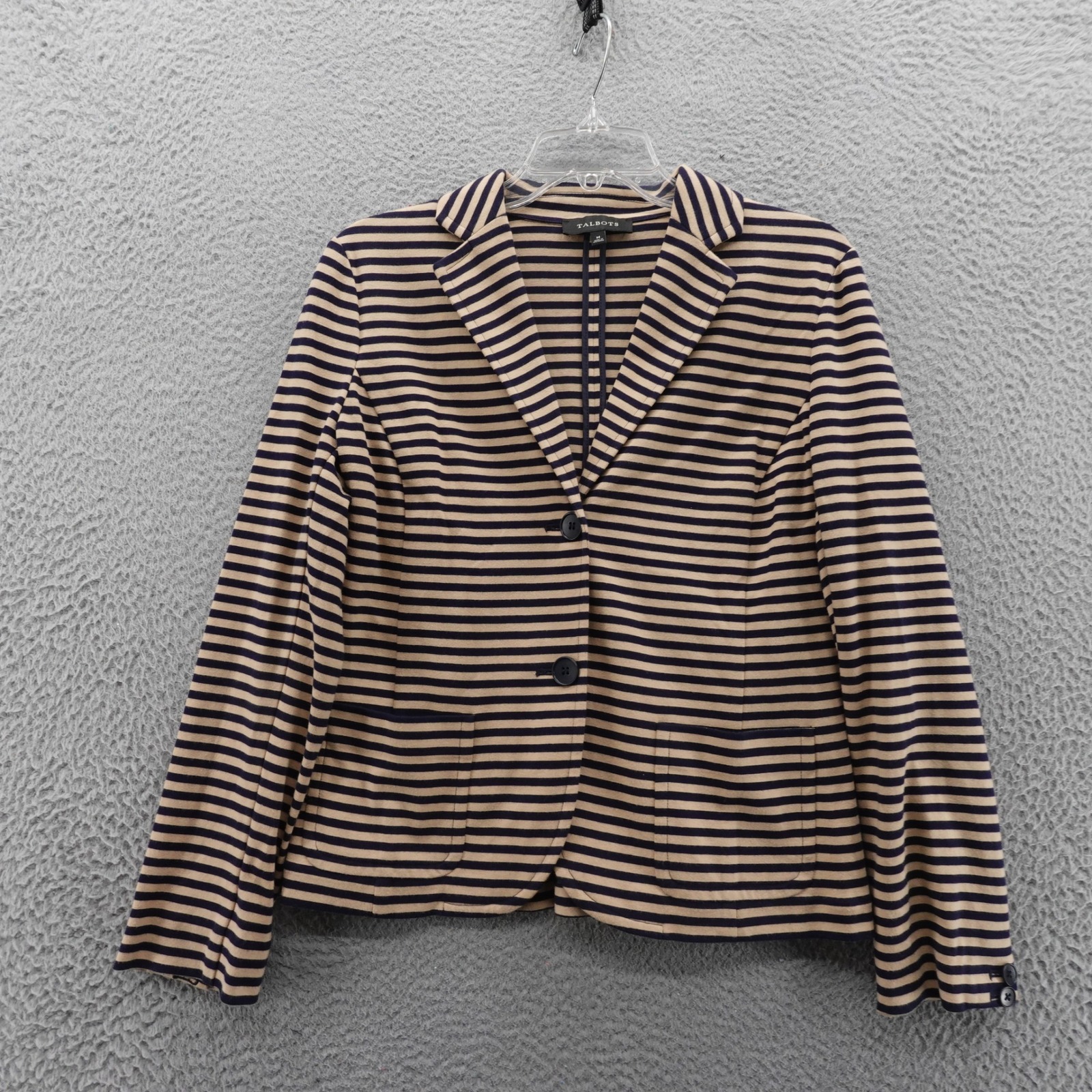 Talbots Striped Cotton Knit Blazer Medium Blue Tan Womens Jacket Stretch New